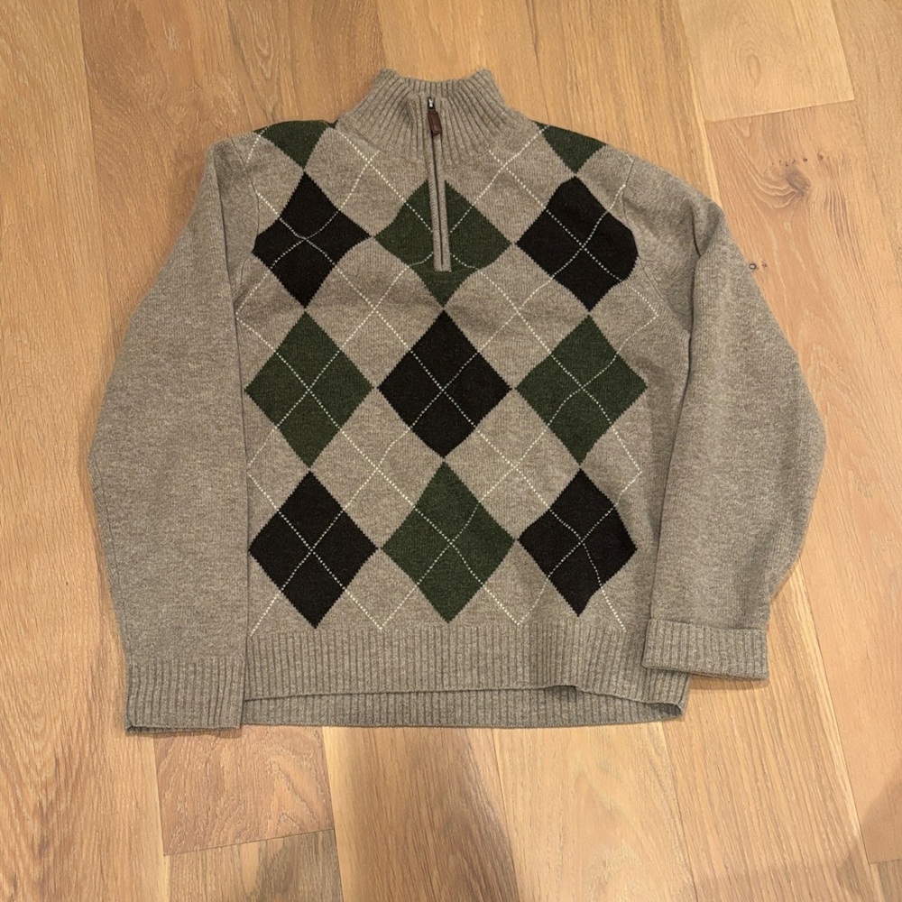 J. Crew Gray and Green Argyle Zip-Up Sweater